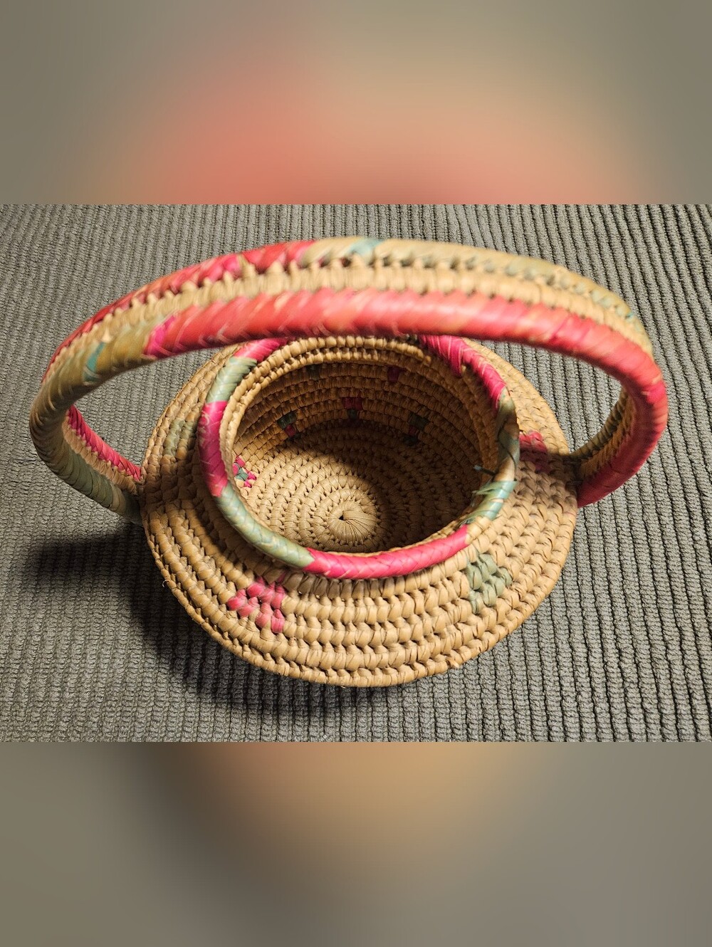 Handwoven Straw Basket with Pink & Green Accents - Picture 3 of 5